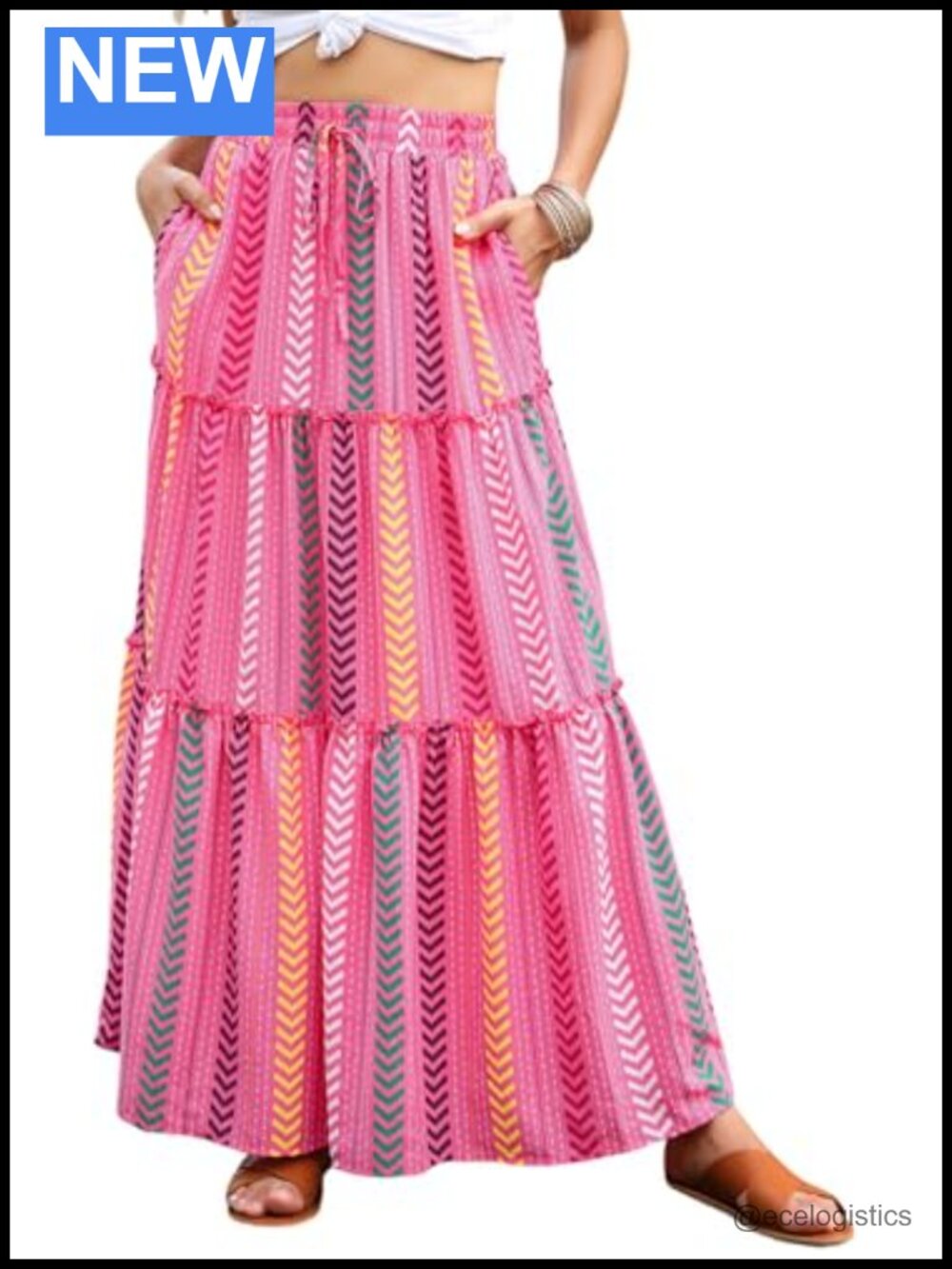 Womens Floral Maxi Skirt Boho High Waist Tiered Pleated Long Skirt with Pockets